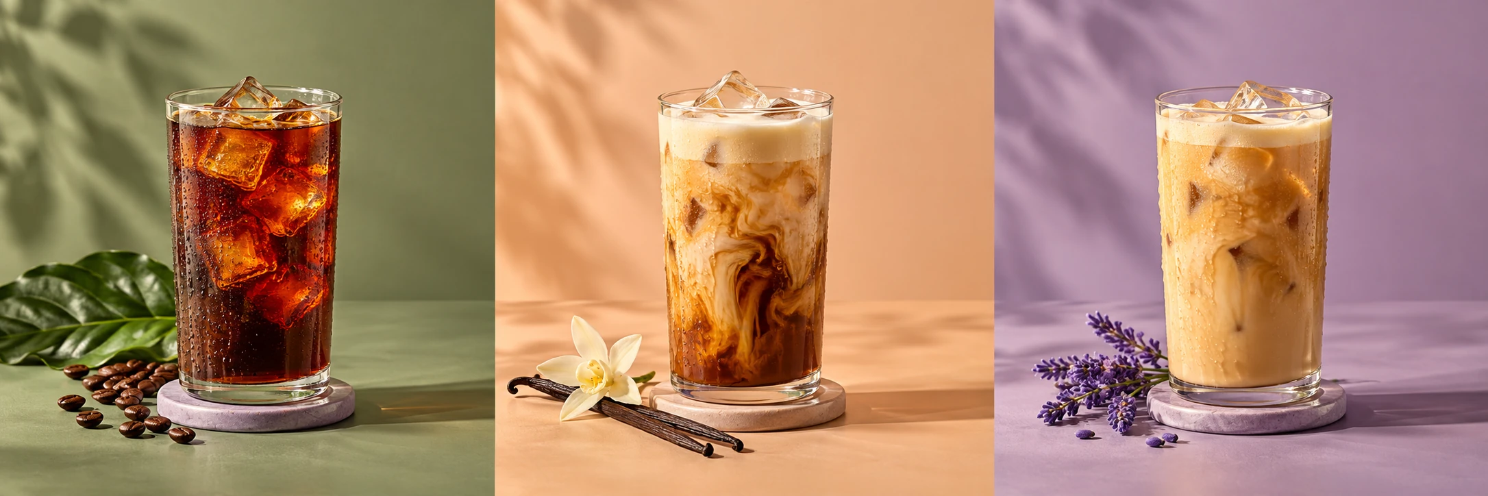 Generated photograph of amber iced black coffee with condensation, coffee leaves and beans on a sage background.