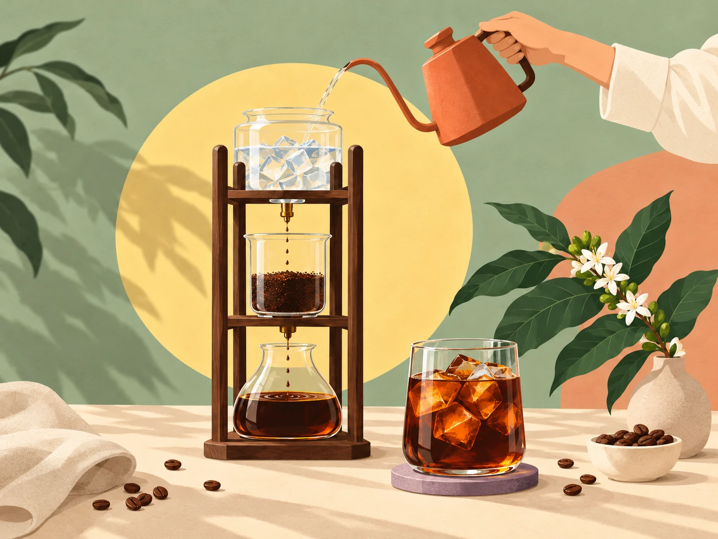 Colorful illustration of a hand pouring water into a wooden cold-drip brewing tower, beside an iced coffee and flowering coffee leaves.