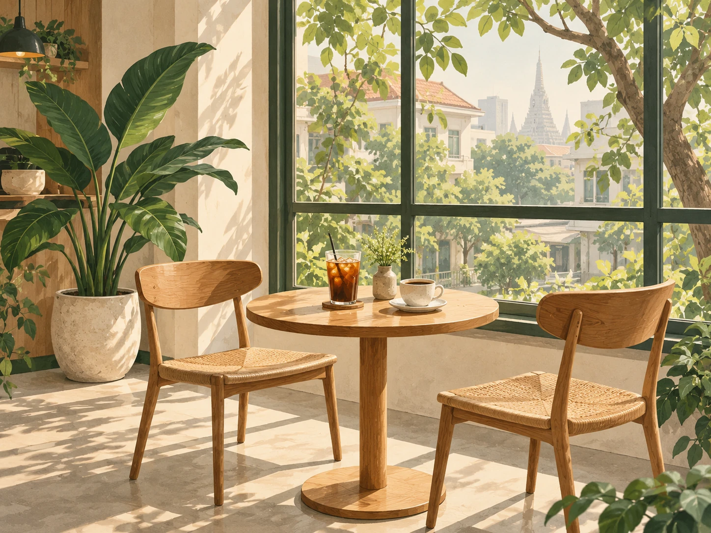 Illustration of a sunlit coffee-house corner with two wooden chairs, a small table, coffee, and leafy plants.